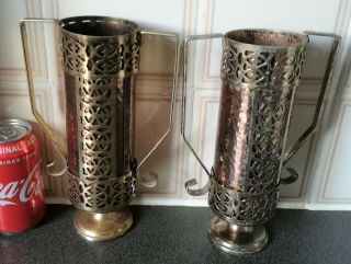 Pair Vintage Copper/brass Vases Or Handle Holders Double Layers.  H - 23cm/w - 650g
