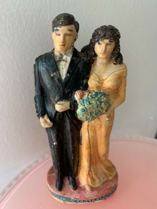 Vintage Wedding Cake Topper Plaster Chalkware Bride And Groom