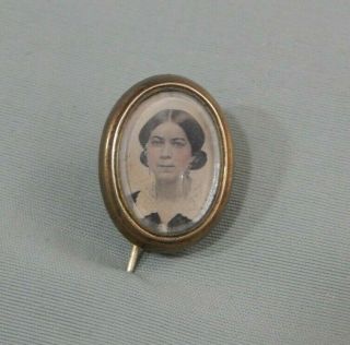 Antique Victorian Gold Fill Real Photo Mourning Brooch Pin Young Woman Miniature