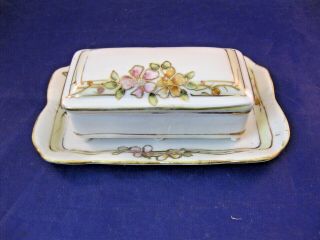 Small Antique Nippon Covered Dresser Dish With Underplate - Hand Painted