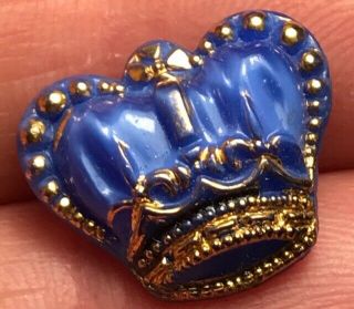 Blue Gold Tone Plastic Royal Kings Crown Vintage Button 6231
