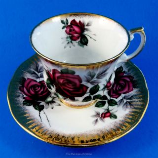 Stunning Deep Red Rose with Gold Border Elizabethan Tea Cup and Saucer Set 2