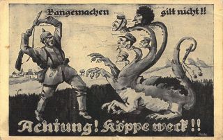 Ww1 Era,  Rare Old,  German Propaganda,  5 Headed Dragon,  Message,  Old Postcard