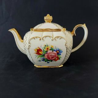 Rare Vintage Sadler England Cube Teapot 1913 Rose Floral Gold Trim
