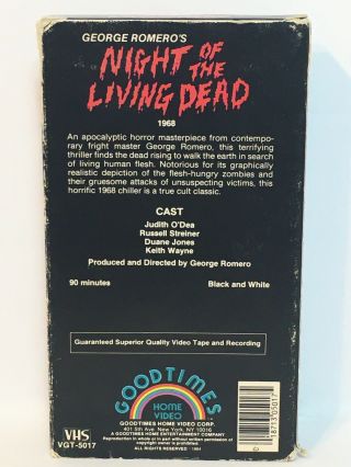 Night of the Living Dead George Romero (1984) VHS Video RARE 2