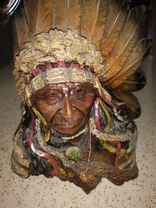 Antique Carved Wood Indian Chief Head 19th Century American Folk Art