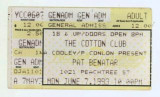 Rare Pat Benatar 6/7/93 Atlanta Ga The Cotton Club Ticket Stub
