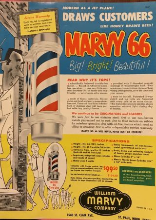 Rare Vintage Marvy 66 Rotating Barber Pole Advertisement Circa 1960