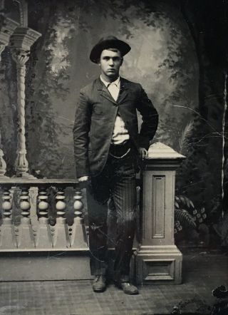 Antique American Handsome Young Man Stands Portrait Tintype Photo