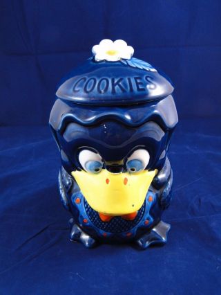 Rare Vintage Duck Cookie Jar Japan - Blue Duck With White Flower - Red Bow Tie