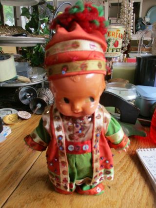 Rare Kewpie Doll Strung Arms Celluloid Vintage Japan? Old Satin Dress And Hat