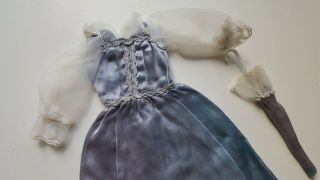 Vintage 1970s Blue Satin Silver Barbie Doll Princess Gown Dress With Umbrella
