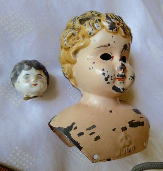 Antique German tin doll head,  small glazed ceramic head 3