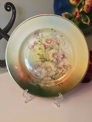 ANTIQUE BAVARIA HAND PAINTED DAISY FLOWERS PALE GREEN YELLOW W GOLD TRIM PLATE 2