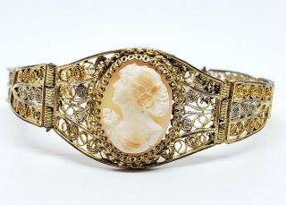 Antique Art Nouveau Silver Gold Gilt Filigree Carve Cameo Floral Maiden Bracelet