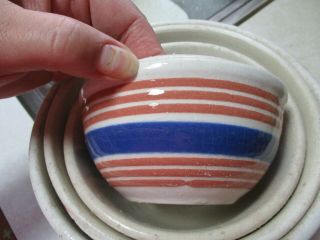 Rare Red Blue Striped Red Wing Pottery Stoneware Mixing Bowls Set Crockery