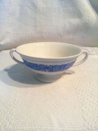 2 Handled Compote Bowl 5.  5” Embossed Queens Ware Blue On Cream Rare Vguc