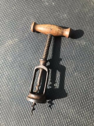 Antique Corkscrew With Wooden Handle And Spring Mechanism