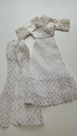 Vintage 1970s Barbie White Satin Silver Lace Gown Dress W Matching Jacket Vest