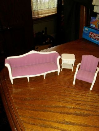 Vintage Miniature Dollhouse Wood Upholstered Living Room Set Couch Chair Table