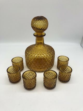 Vintage Retro Amber Cordial Liquor Set - Decanter & Stopper & 5 Shot Glasses