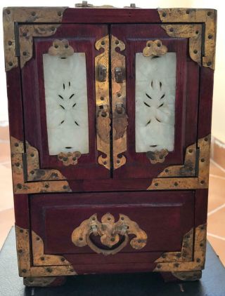 Antique Rare Chinese Jewelry Box Wood And Jade