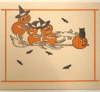 Vintage Halloween Invitation Pumpkin Goblins Riding Broom Rare