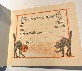 Vintage Halloween Invitation Pumpkin Goblins Riding Broom Rare 2
