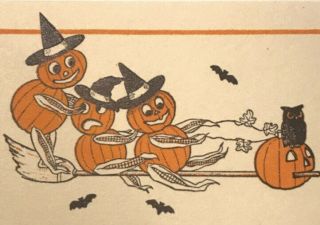 Vintage Halloween Invitation Pumpkin Goblins Riding Broom Rare 3