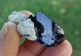 Rare,  Lustrous,  Striated Blue Azurite Crystal,  Contrasting Dickite,  Milpillas