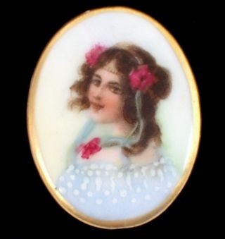 Antique 1800s Victorian Hand Painted Porcelain Stud Button W Young Lady Portrait