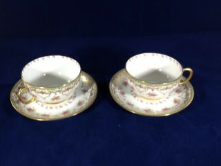 Antique J.  Pouyat Limoges France Porcelain Tea Cups And Saucers Set Of 2 Perfect