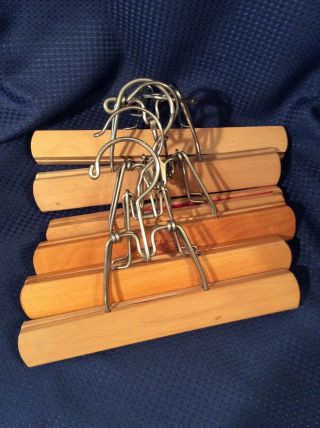 6 Vintage Wooden Pants Skirt Hangers Clamp Style Solid Wood 9 " Wide 1 Setwell