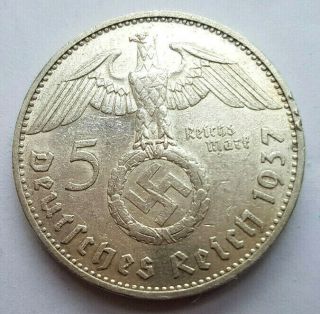 German 5 Mark Reichsmark 1937 G Swastika Rare Silver 3rd Reich Ww2
