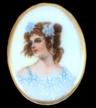Antique 1800s Victorian Hand Painted Porcelain Stud Button Young Woman Portrait