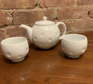 Vintage White Porcelain Teapot & 2 Teacups Authentic Blue Stamp Collectors Set