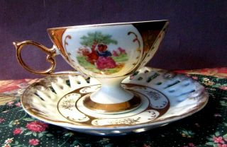 Vintage Classica 22 Carat Gold Plated Hand Painted Tea Cup & Saucer 3