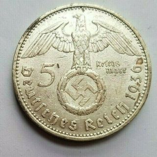 1936 F 5 Mark German Ww2 Silver Coin Rare Third Reich Swastika