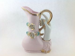 Vintage Art Pottery Ceramic Hand Holding A Pink Pitcher With Roses 5 " Tall