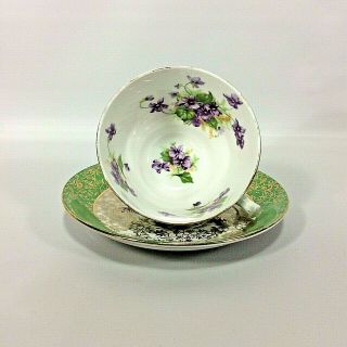 Green Tea Cup Saucer Phoenix Bone China Gold Chintz Overlay Wide Mouth England 2