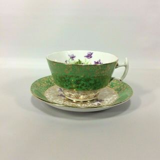 Green Tea Cup Saucer Phoenix Bone China Gold Chintz Overlay Wide Mouth England 3