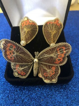 Antique Hand Made Butterfly Pin And Clip On Earrings Made In Germany.  It’s Set