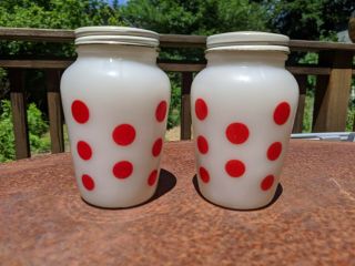 Htf Fire King Red Dots Shakers Rare Vintage Fire King 2 Red Polka Dots Shakers