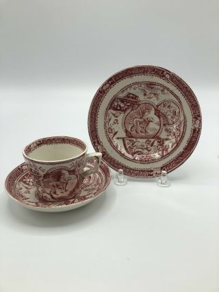 3 Pc Antique Red Transferware Child Plate Cup & Saucer Girl Dog Allerton