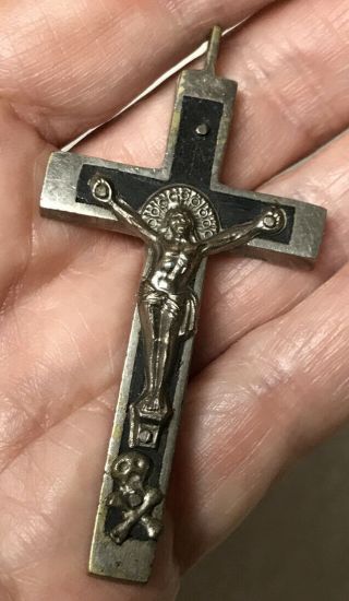 Antique Catholic Crucifix Ebony Wood Inlay Skull Cross Bones