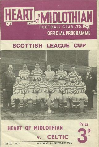 Rare Football Programme Heart Of Midlothian Hearts V Celtic League Cup 1954