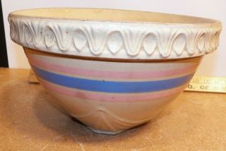 Antique Pottery Stoneware Mixing Bowl Pink & Blue Stripe Dia 11 1/2 " Usa