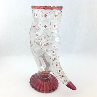 Fenton Clear And Red Glass Sculpture Of A Hand Holding A Horn / Cornucopia