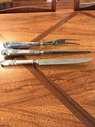 Vintage Silver Plate Ornate 3 Piece Meat Carving Set Of 2 Meat Holders /1 Knife
