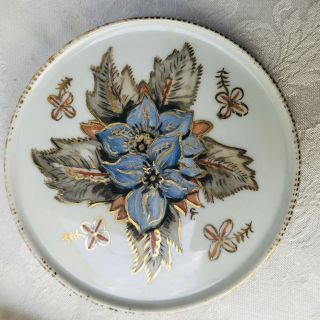German Porcelain Trivet Hand Painted By Charlotte Toeplitz Blue Floral Gold Trim